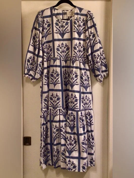 SZ Block Prints /Orti Blue and White Cotton Floral Midi Dress - Sz L - Picture 4 of 12